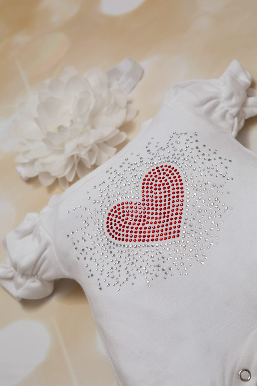 White Bubble Romper Baby Girl Romper Set Large Rhinestone Heart One