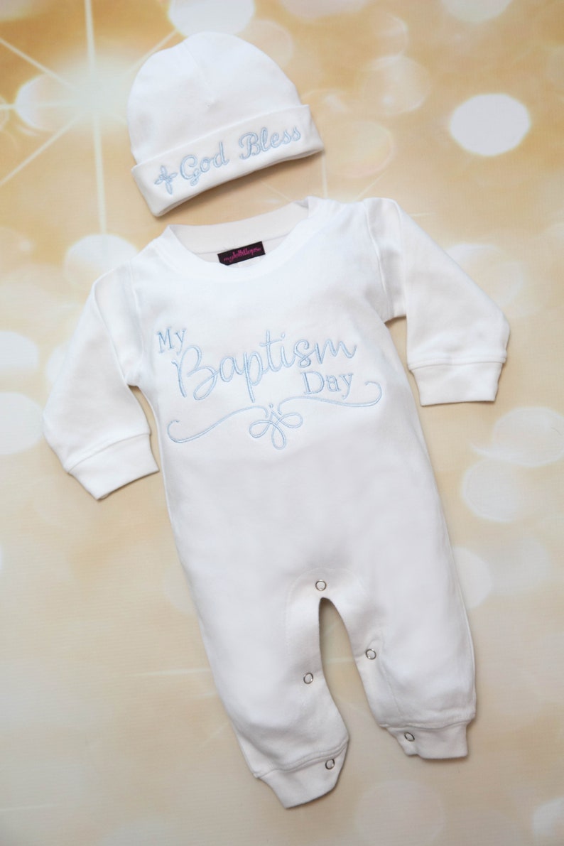 Baby Boy Christening Boy Baptism Gift New Baby Gift Boy Christening Day Set New Baby Gift Baby Boy Cotton Baby Romper and Available Hat image 4