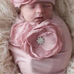 Newborn Baby Girl Gift Rose Baby Sack Shower Gift Mauve Infant Layette Cotton Baby Sack with Large Flower On The Chest and Matching Hat image 2