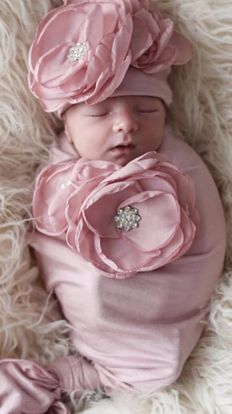 Newborn Baby Girl Gift Rose Baby Sack Shower Gift Mauve Infant Layette Cotton Baby Sack with Large Flower On The Chest and Matching Hat image 2