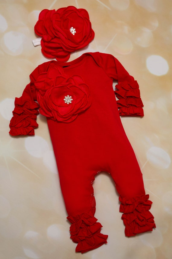 Pelele rojo para bebe nina pelele rojo con volantes navidenos canastilla de algodon para bebe con flor grande en el pecho y diadema a juego Etsy Mexico