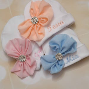 Personalized Baby Girl White Beanie Hat with Chiffon Bow and Rhinestone
