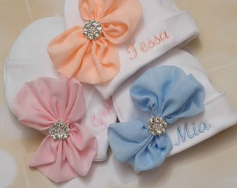 Personalized Baby Girl White Beanie Hat with Chiffon Bow and Rhinestone