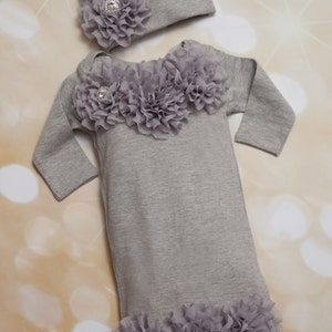 Infant Baby Layette Grey Cotton Baby Gown with Grey Chiffon Flowers and Rhinestones image 2