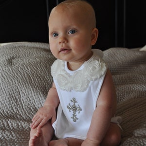 White Baptism Baby Bib with Off White Chiffon and Rhinestone Cross