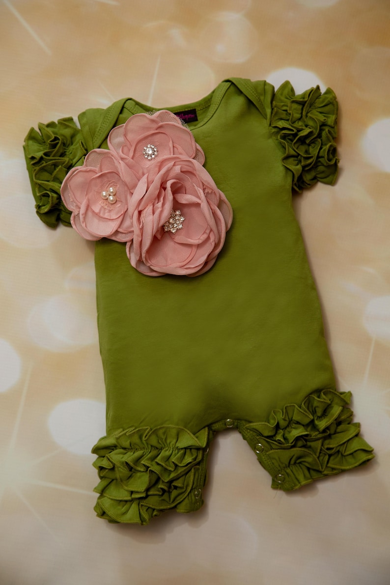 Baby Girl Ruffle Olive Green Baby Girl Romper Short Sleeve Etsy