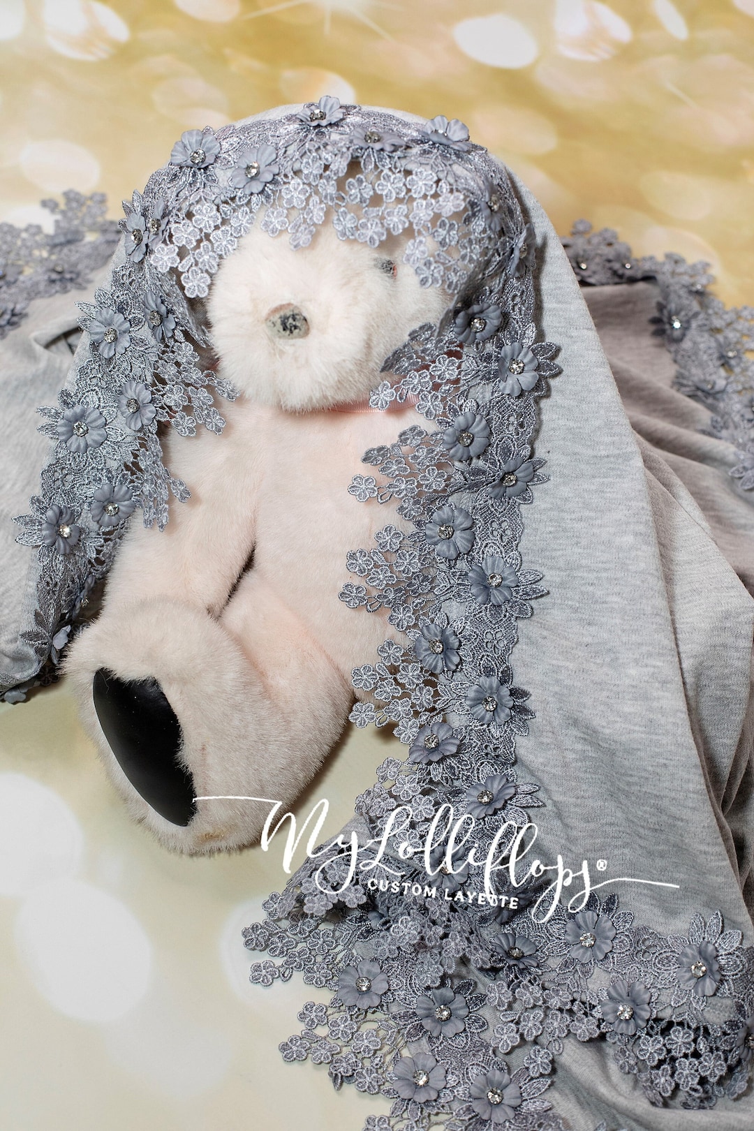 Baby Girl Rhinestone Lace Trim Blanket Grey Cotton Receiving Blanket