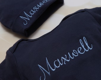 Personalized Navy Baby Boy Gown Set Embroidered Infant Gown Set with Matching Hat