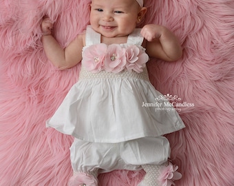 Baby Girl White Two Piece Romper Baby Girl Romper Set Infant Two Piece Set with Chiffon Flowers and Matching Headband