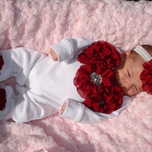 White Baby Girl Romper Set Infant One Piece Set with Burgundy Chiffon Flowers and Headband