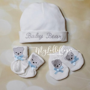 Baby Boy Gift Set Newborn Baby Boy Bear Bib and Mittens Set Baby Boy Newborn Set Newborn Baby Boy Gift Set