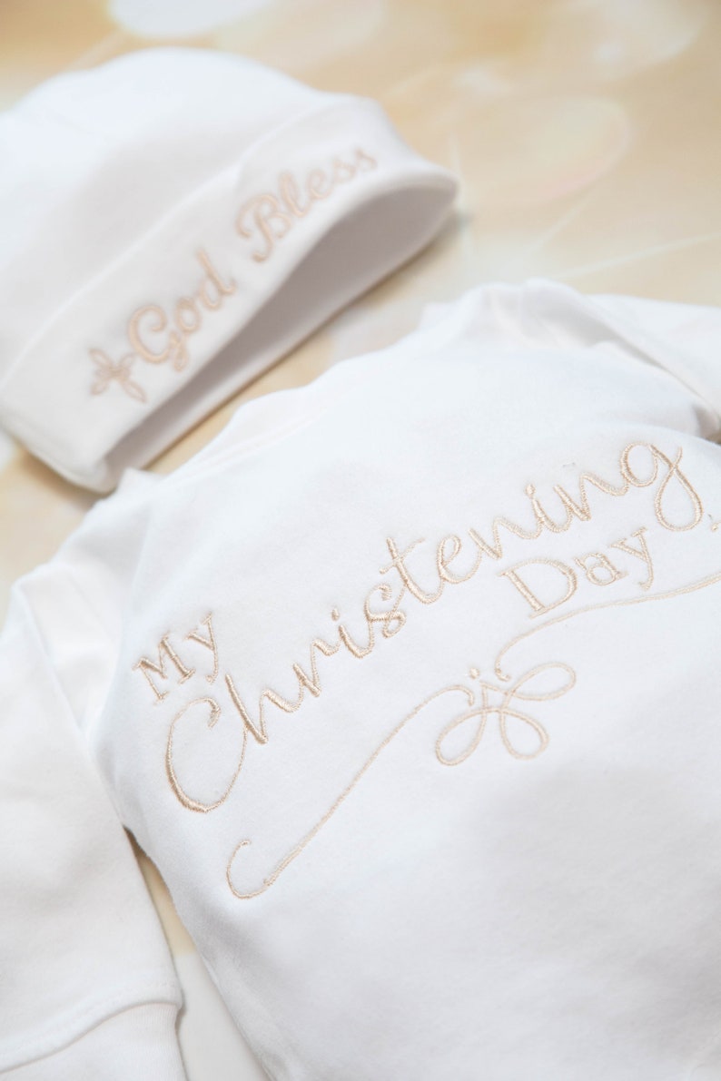 Baby Boy Christening Boy Baptism Gift New Baby Gift Boy Christening Day Set New Baby Gift Baby Boy Cotton Baby Romper and Available Hat image 1