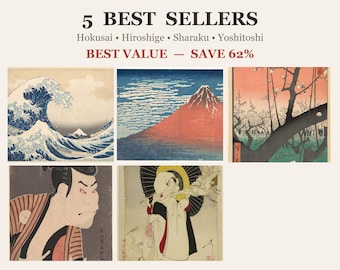 Japanisches Wandbild-Set (5-teilig), Ukiyo-e-Bestseller-Bundle, Hokusai Hiroshige, Sharaku Yoshitoshi, Galerie-Wand-Set, Digitaler Download