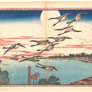 Hiroshige-tryckset med 4, Plommonträdgård, Plötslig dusch, Fullmåne Takanawa, Naruto-bubbelpooler, japansk väggkonstpaket, digital nedladdning bild 4