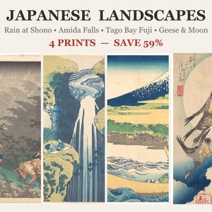 Japanese Landscape Print Set of 4, Hiroshige Rain, Hokusai Waterfall and Mount Fuji, Geese and Moon, Ukiyo-e Bundle, Digital Download