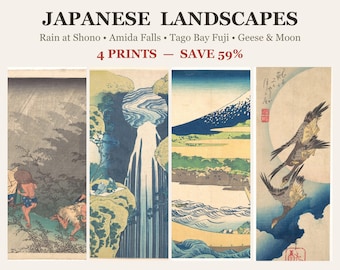 Japanese Landscape Print Set of 4, Hiroshige Rain, Hokusai Waterfall and Mount Fuji, Geese and Moon, Ukiyo-e Bundle, Digital Download