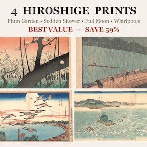 Hiroshige-tryckset med 4, Plommonträdgård, Plötslig dusch, Fullmåne Takanawa, Naruto-bubbelpooler, japansk väggkonstpaket, digital nedladdning bild 1