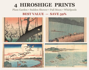 Hiroshige-Kunstdruck-Set (4-teilig): Pflaumengarten, Plötzlicher Regenschauer, Vollmond-Takanawa, Naruto-Strudel, Japanisches Wandbild-Set, Digitaler Download