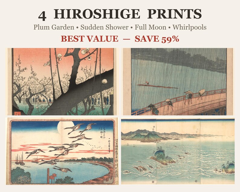 Hiroshige-tryckset med 4, Plommonträdgård, Plötslig dusch, Fullmåne Takanawa, Naruto-bubbelpooler, japansk väggkonstpaket, digital nedladdning bild 1