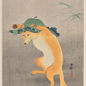 May include: A woodblock print illustration of a golden-orange fox standing on its hind legs. The fox wears a large, green, ruffled leaf as a hat, which it holds with its front paws. The background features faint green grass blades.