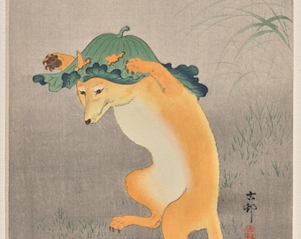 Ohara Koson „Tanzender Fuchs“ – Japanische Wandkunst, Kitsune-Druck, Shin-Hanga-Tierkunst, Japandi-Dekor, Digitaler Download aus einem Museum