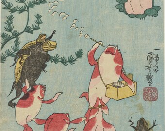 Kuniyoshi Goldfisch-Ukiyo-e-Druck, Tamaya Kingyo Zukushi, Niedliche japanische Tierkunst, Kawaii-Wanddeko, Digitaler Download