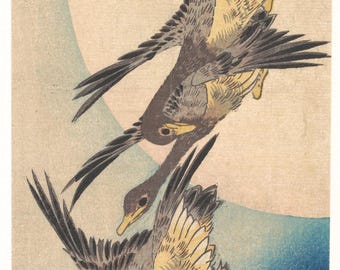 Ukiyo-e-Druck „Wildgänse und Vollmond“ von Hiroshige, Japanische Vogel-Wandkunst, Vertikaler Paneeldruck, Japandi-Dekoration, Digitaler Download