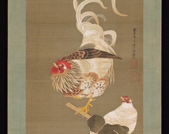Ito Jakuchu Japanische Wandkunst, Henne und Hahn mit Weinrebe, Edo-Gemälde-Druck, Japandi-Dekor, Digitaler Download aus Museumsquellen