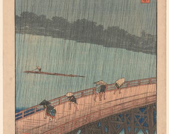 Hiroshige-Druck, Ukiyo-e-Kunstwerk „Plötzlicher Regenschauer“, Japandi-Dekor (Digitaler Download)