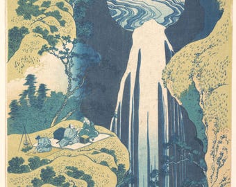 Hokusai Amida-Wasserfall Ukiyo-e-Druck, Japanische Wandkunst, Blauer Wasserfall-Holzschnitt, Japandi-Dekor, Digitaler Download