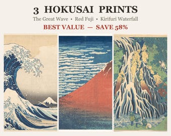 Hokusai-Kunstdruck-Set (3-teilig): Die große Welle, Roter Fuji, Kirifuri-Wasserfall, Japanische Wandkunst-Kollektion, Ukiyo-e-Druckvorlage, Digitaler Download