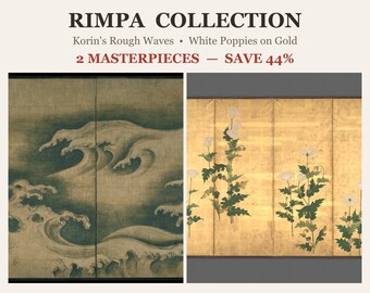 Rimpa-Kollektion, 2er-Set, Ogata Korin „Raue Wellen und weiße Mohnblumen“, japanische Wandkunst mit Goldschirm, digitaler Museums-Download