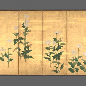 May include: A six-panel folding screen featuring a gold leaf background with painted white poppy flowers and green foliage. The artwork displays clusters of flowers across the panels, with a dark brown frame bordering the entire rectangular piece.