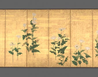 Ogata Korin Weiße Mohnblumen Japanische Wandkunst, Rinpa Goldblumenmalerei, Japandi Botanischer Druck, Digitaler Download aus Museumsmaterialien