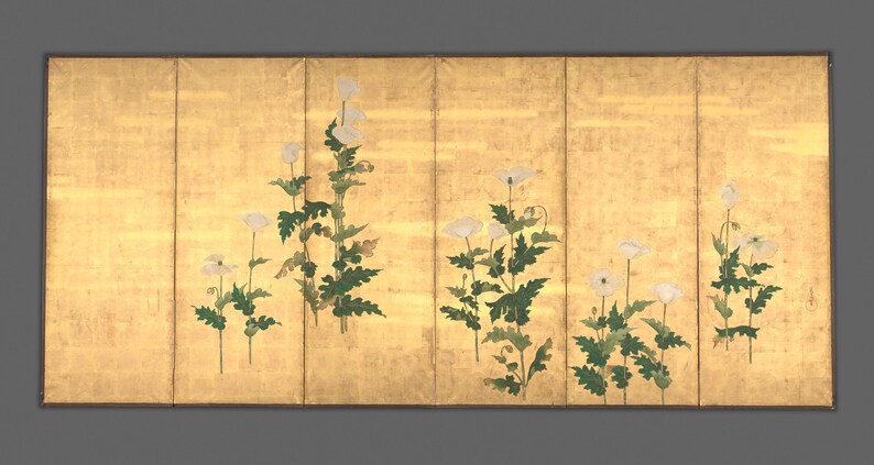 May include: A six-panel folding screen featuring a gold leaf background with painted white poppy flowers and green foliage. The artwork displays clusters of flowers across the panels, with a dark brown frame bordering the entire rectangular piece.