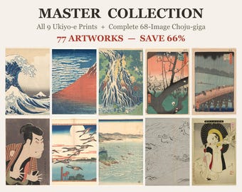Japanese Art Master Collection, 77 Artworks, Ukiyo-e Prints and Complete Choju-giga Bundle, Hokusai Hiroshige, Digital Download