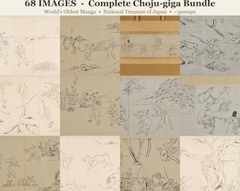 Choju-giga-Bundle, 68 Museumsbilder, Ältester Manga der Welt, Schriftrolle mit verspielten Tieren, Digitaler Download