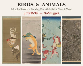 Japanisches Tierkunst-Set (4-teilig): Jakuchu-Hahn, Tanzender Fuchs, Kuniyoshi-Goldfisch, Pflaume und Mond – Vogel-Wandbild-Bundle (Digitaler Download)