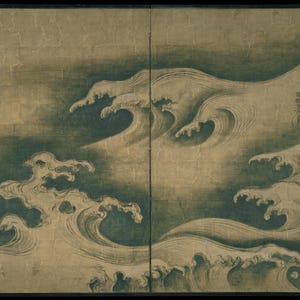Ogata Korin Rough Waves Japanese Wall Art, Rinpa School Gold Screen Print, Japandi Wave Decor, Museum-Sourced Digital Download