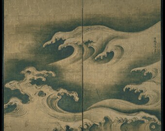 Ogata Korin „Rough Waves“ – Japanische Wandkunst, Gold-Siebdruck der Rinpa-Schule, Japandi-Wellendekor, Digitaler Download aus Museumsquellen