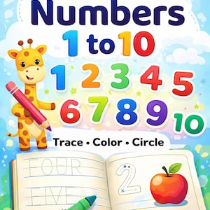 Peut inclure: Affiche éducative intitulée Learn Numbers 1 to 10 avec une girafe dessin animé tenant un crayon rouge. Le design inclut des chiffres colorés de 1 à 10, un cahier ouvert avec les mots FOUR et FIVE en pointillés, un chiffre 2 et une pomme rouge.