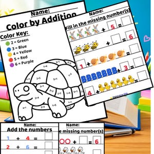 Peut inclure: Fiches d'exercices de mathématiques pour enfants comprenant une activité de coloriage par addition avec une tortue, des exercices de nombres manquants avec des lapins, abeilles, escargots et canards, et une section d'addition de nombres.