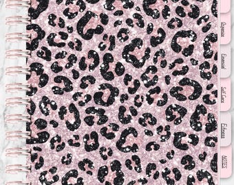 Planificador digital para TDAH, diario de autocuidado editable, organizador con estampado de leopardo rosa, registro de finanzas, cuaderno de ejercicios, registro de comidas, páginas para colorear.