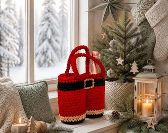 Patrón de soporte para botella de vino de ganchillo con forma de pantalones de Papá Noel, bolsa de regalo navideña de ganchillo, funda para botella navideña ideal para principiantes, descarga digital.
