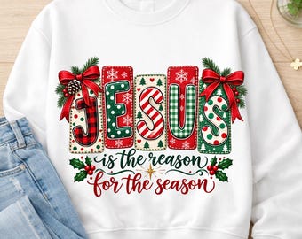 Jesús es la razón de la temporada PNG, diseño de sublimación navideña Plaid Faith