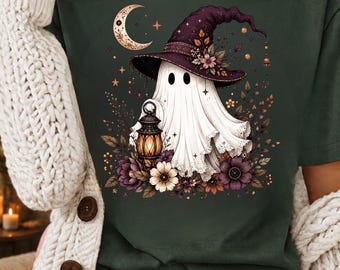 Diseño PNG de fantasma brujo para sublimación, fantasma de Halloween con linterna, diseño de camiseta con estampado floral tenebroso para la temporada de Halloween, descarga digital.