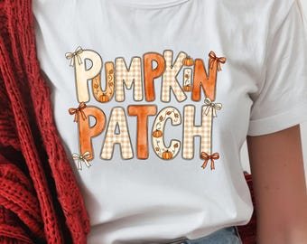 Imagen PNG de campo de calabazas, diseño de sublimación otoñal coqueto, letras de garabatos otoñales a cuadros, diseño de camiseta con lazo de calabaza en acuarela, descarga digital