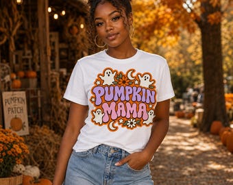 Calabaza Mamá PNG, Diseño retro de Halloween para sublimación, Camiseta de otoño para mamá con fantasma lindo para descarga digital, Mamá de temporada espeluznante