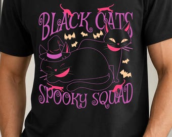 Escuadrón espeluznante de gatos negros, sombrero de bruja de Halloween, murciélagos morados, PNG transparente, diseño de sublimación, transferencia DTF, gráfico para camisetas, descarga digital