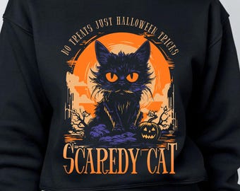 Camiseta de Halloween "Gato asustadizo" PNG, diseño de sublimación oscuro y espeluznante, gráfico de sudadera con capucha naranja vintage con luna, descarga digital con fondo transparente